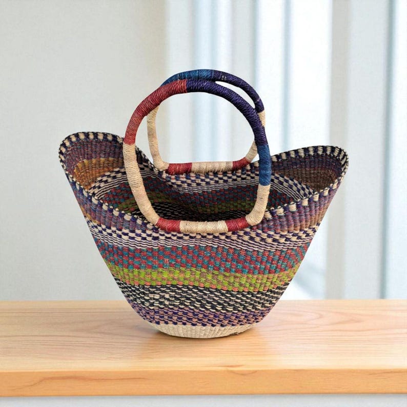 Multicolor Bolga Market Basket – Handwoven Ghana Straw Tote Bag