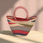 Handwoven Red Wave Market Basket – Ghana Straw Tote with Leather Handles